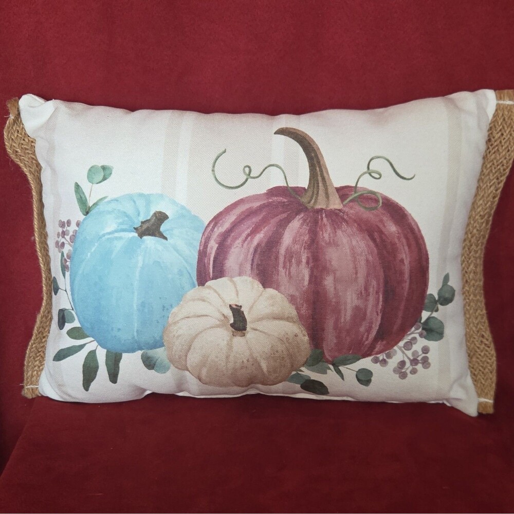 Lovingkindness Pumpkin Fall Rectangle Decorative Throw Pillow Fabric Jute Trim
